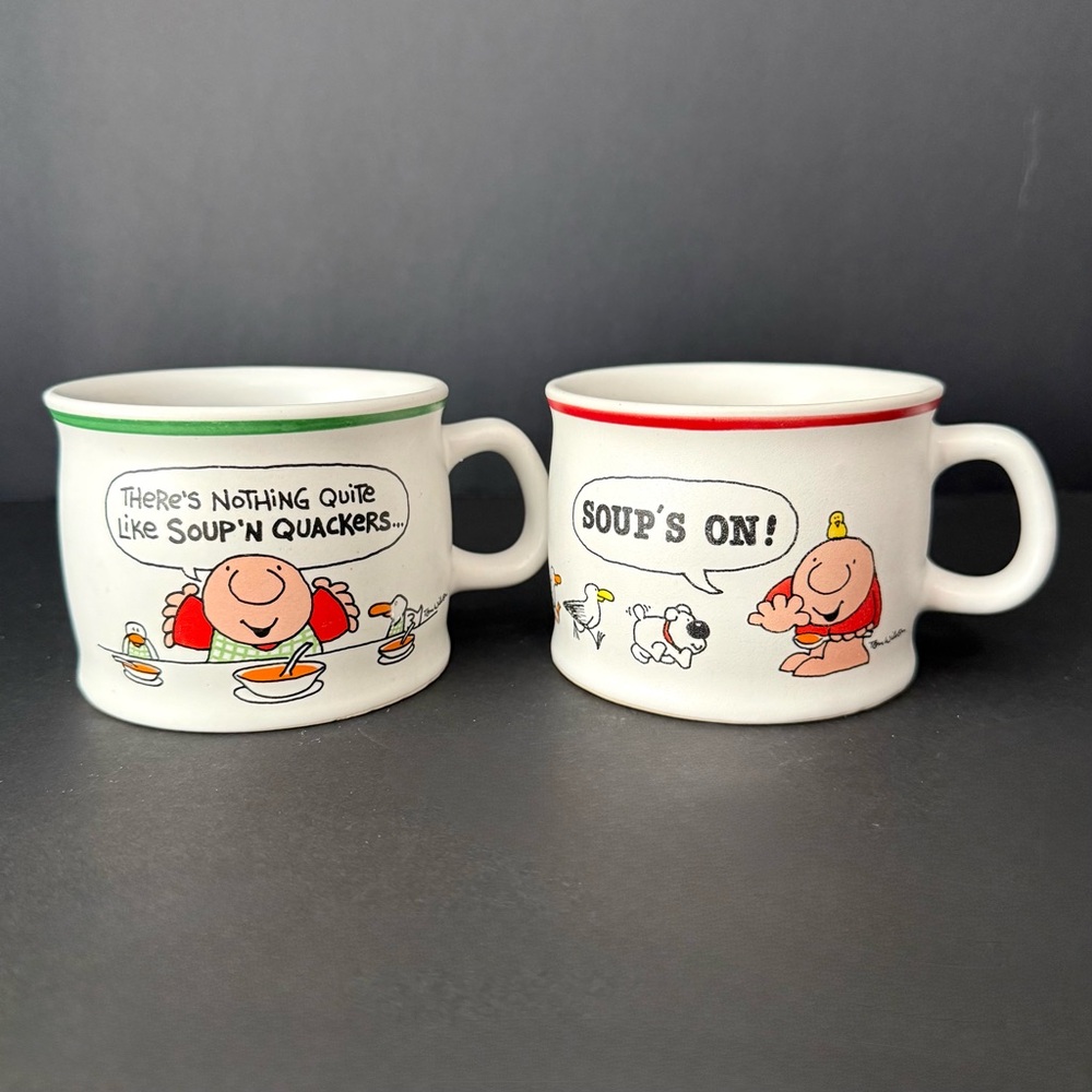 Vintage Ziggy & Fuzz Stoneware Mug “Soup’s On” Cup Tom Wilson 1982 Set of 2 EUC